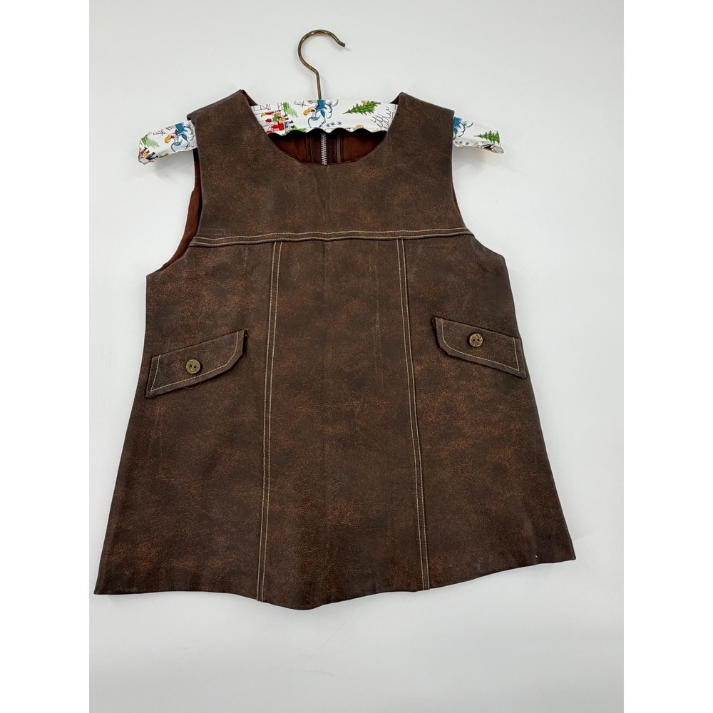 Vintage Brown Faux Leather Jumper Dress A-Line Sleeveless Faux Flap Pockets Kids